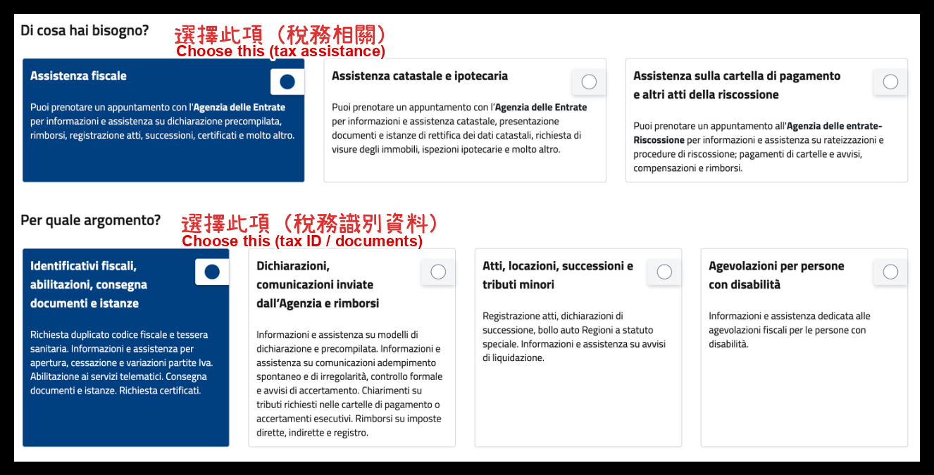 選擇 Assistenza fiscale 與 Identificativi fiscali