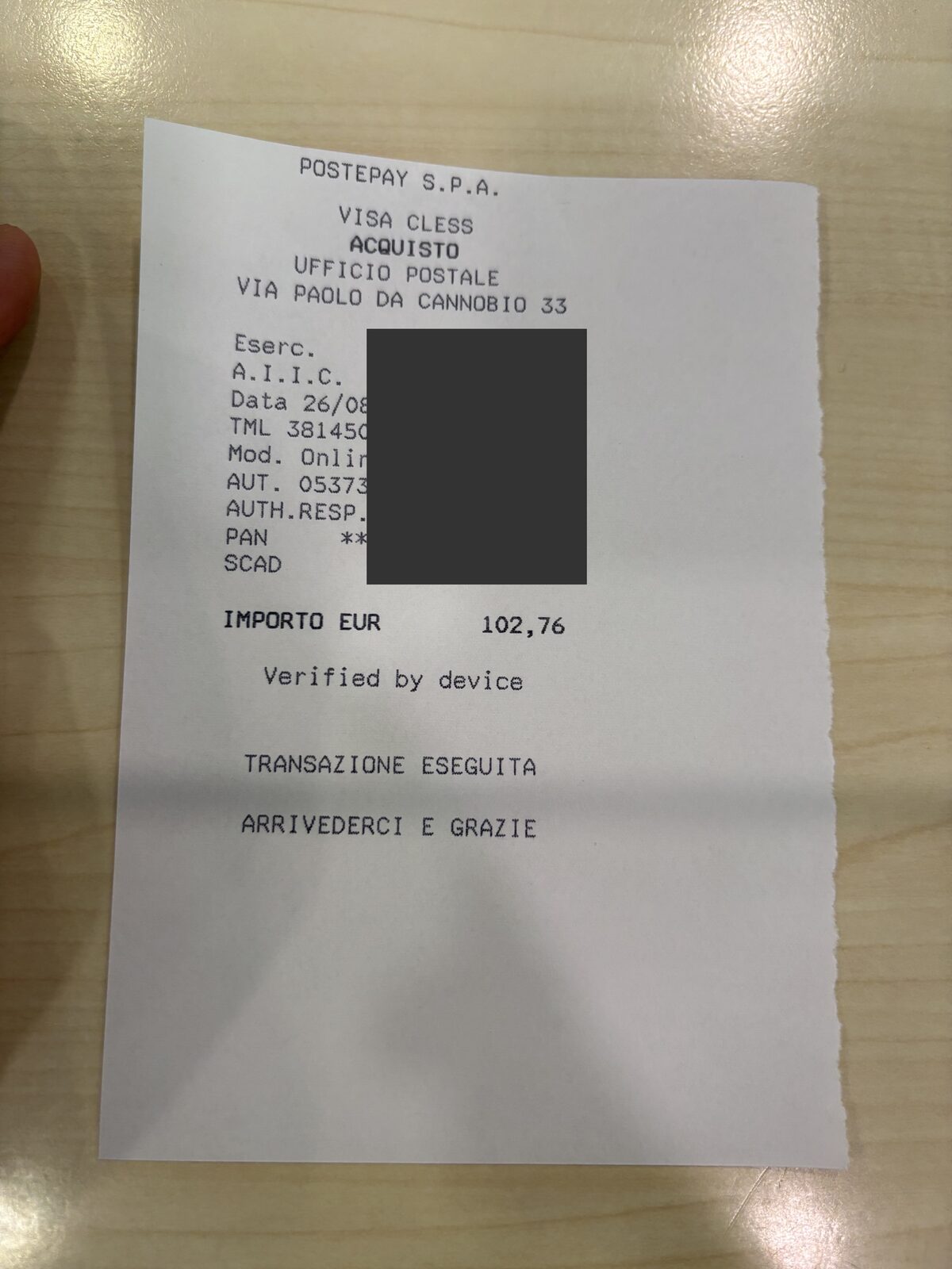 PostePay 刷卡收據，金額 102.76 歐